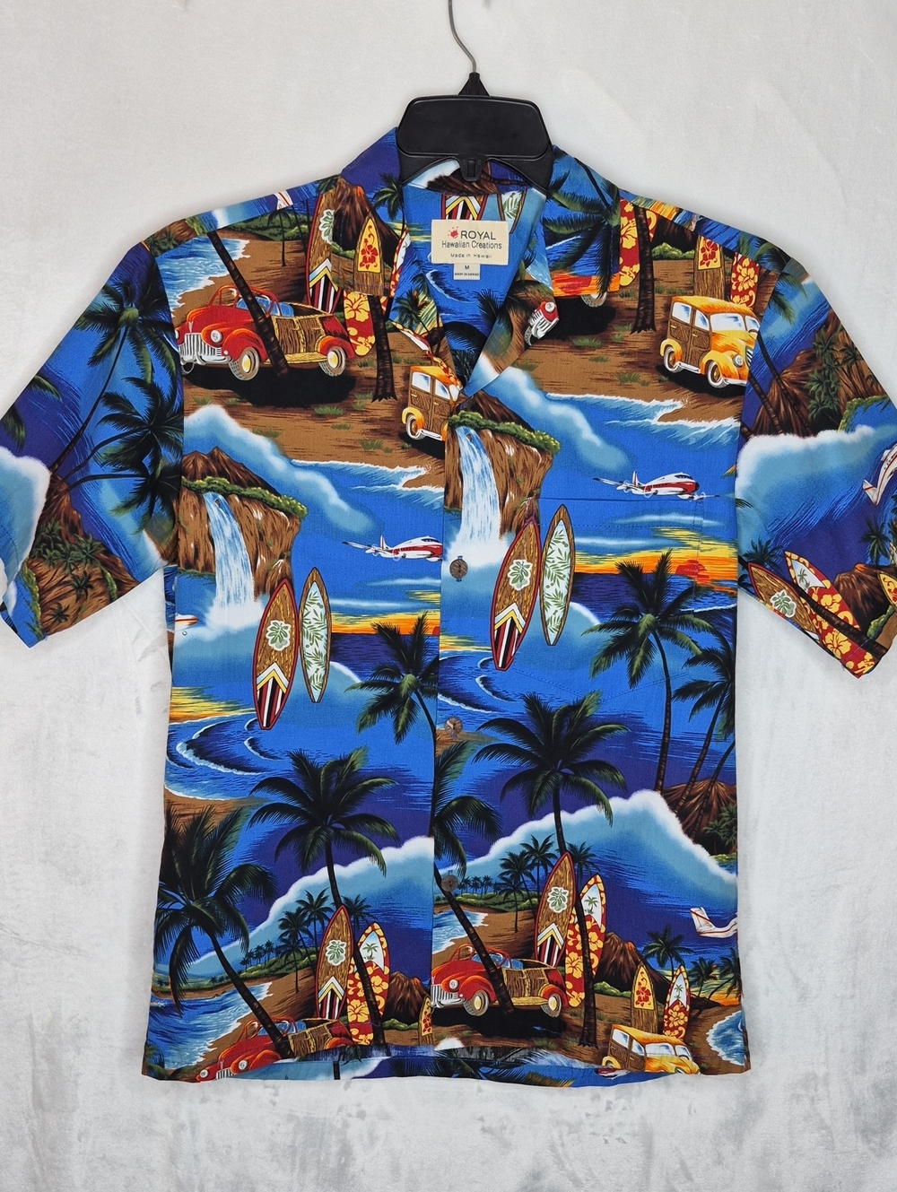 Royal Hawaiian Creations Blue Scenic Surfboard Alafia Shirt M